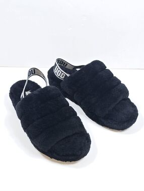 UGG Fluff Yeah Black Shearling Slippers Cozy Fur Slide Sandals Sz.10 Lounge Wear